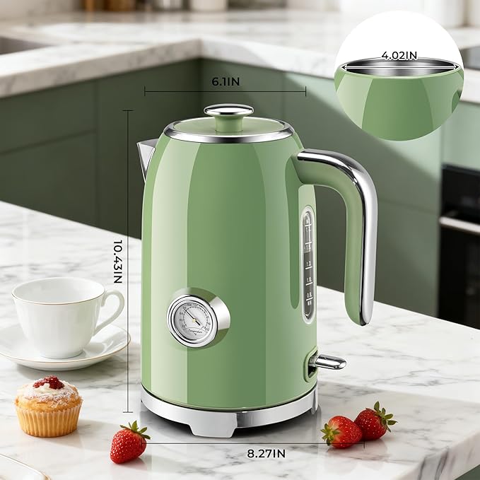SUSTEAS Electric Kettle - 57oz Hot Tea Water Boiler with Thermometer, 1500W Fast Heating Stainless Steel Pot, Cordless LED Indicator, Auto Shut-Off & Boil Dry Protection, Retro Green
