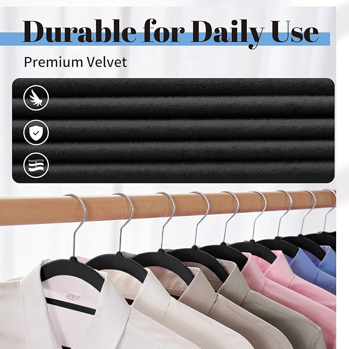 Smartor Black Velvet Hangers 60 Pack, Space Saving Clothes Hangers with Tie Bar, Non-Slip Felt Hanger with Shoulder Notches, Heavy Duty Suit Hanger for Coat, Shirt, Pants, Dress