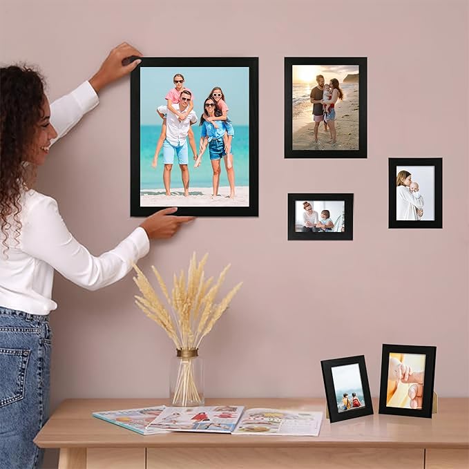 8x10 Picture Frame Set of 4, Black Frame with High Definition Glass, 8 x 10 Photo Frames for Tabletop Display and Wall Mounting