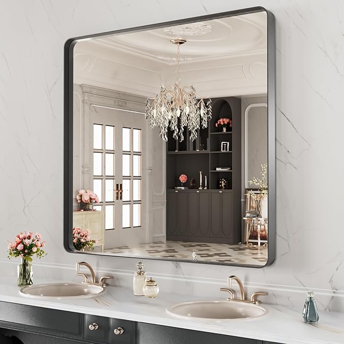 LOAAO 28X32 Inch Black Metal Framed Bathroom Mirror for Wall, Matte Black Bathroom Vanity Mirror Farmhouse, Anti-Rust, Hangs Horizontally or Vertically