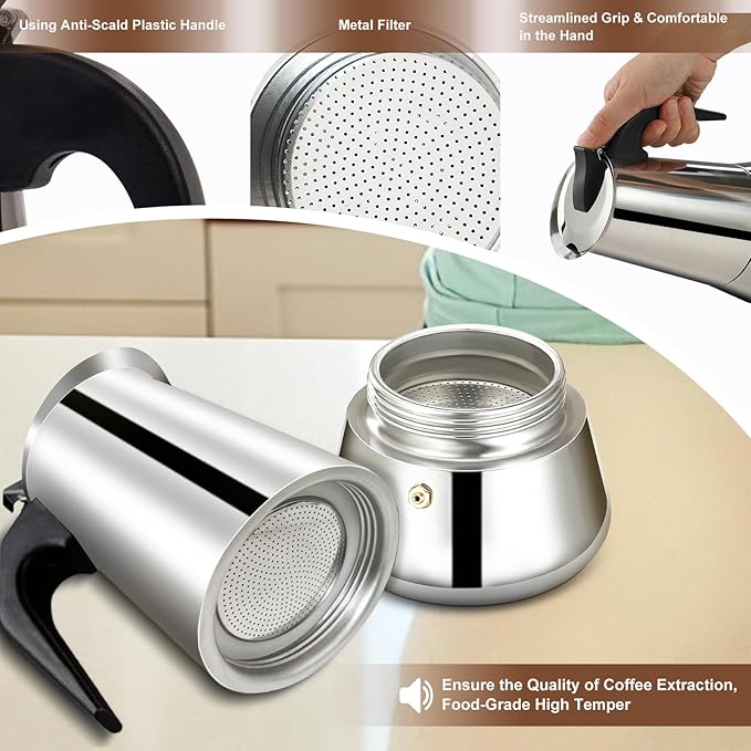 2 Cup Stovetop Espresso Maker Stainless Steel Moka Pot Stove Top Percolator Italian Coffee Makers Capable Mocha Greca Machine Cafe Classic Induction Cookers for Home and Camping 100ml 3.3oz