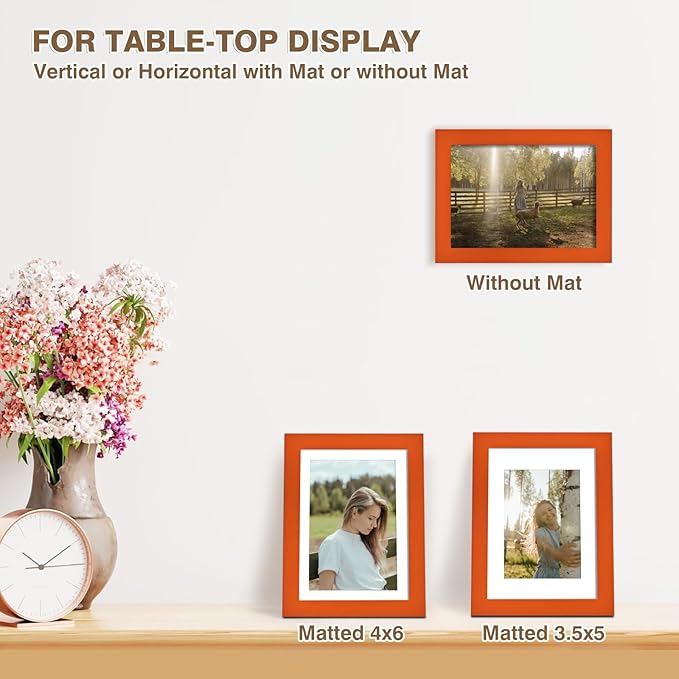 KINLINK 5x7 Picture Frame Orange, Solid Wood Frames with Acrylic Plexiglass for 3.5x5/4x6 with Mat or 5x7 without Mat, Tabletop and Wall Display Photo Frame, Set of 4
