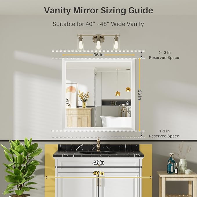 36x36 Inch White Bathroom Mirror for Wall, Thick Metal Framed Rectangle Mirrors for Over Sink, Bedroom, Living Room, Entryway, Anti-Rust, HD Tempered Glass