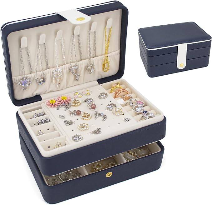 KOOAAICCHI Small Jewelry Box, Travel Jewelry Organizer, Portable Jewelry boxes for Women Girls Gift, Double Layers PU Leather Jewelry Holder for Rings, Earrings, Necklaces-Blue