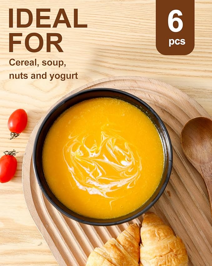 Hasense Soup Bowls Set Ceramic 24 Oz - 6 Inch Cereal Bowl Set of 6 for Kitchen,Modern Ribbed Black Porcelain Dishes for Entertaining,Soup,Oatmeal,Pasta,Cereal,Noodle - Dishwasher & Microwave Safe