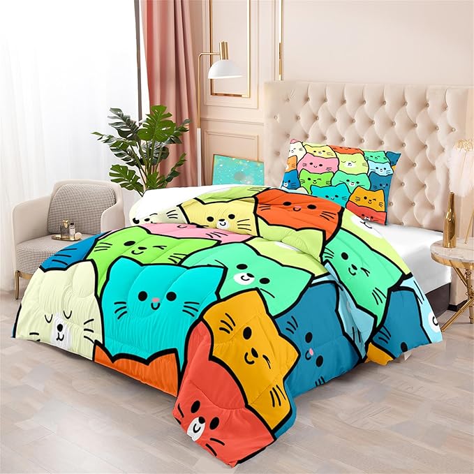 Cat Twin Comforter Set for Bedroom - 2Pcs Lovely Bedding Set Cute Cat Patterns for Girls Boys Kids Warm Soft Breathable Cats Comforter with 1 Pillowcase, Twin Size