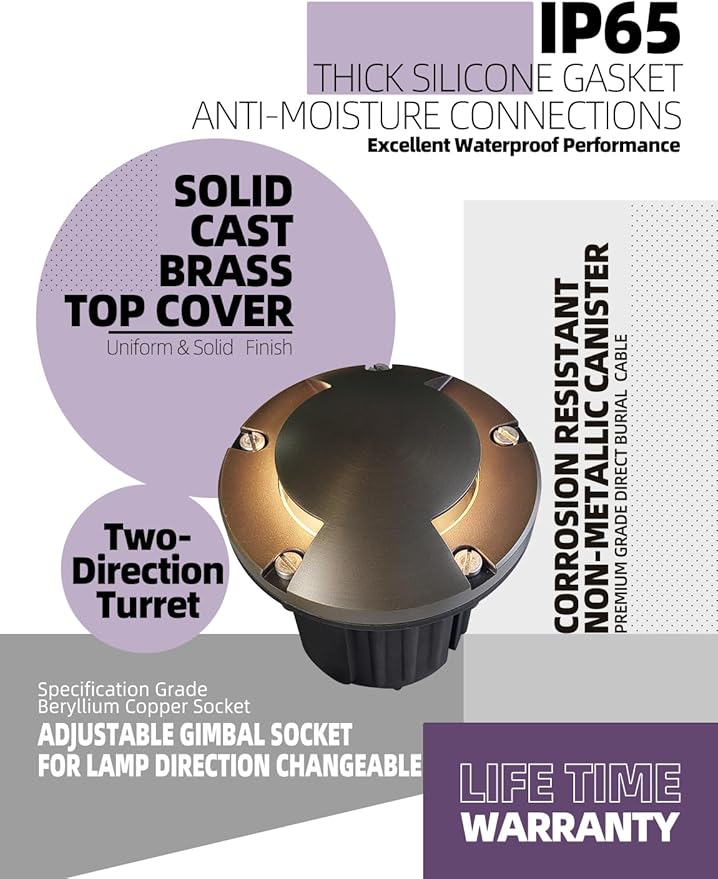 MALORY Brass Top Cover Landscape Well Lights,(5''H) 12V Low Voltage Outdoor In Ground Lights,Landscape Lighting for Pathway, Driveway and Garden (Two-Direction Turret, 4-Pack Without Bulb)