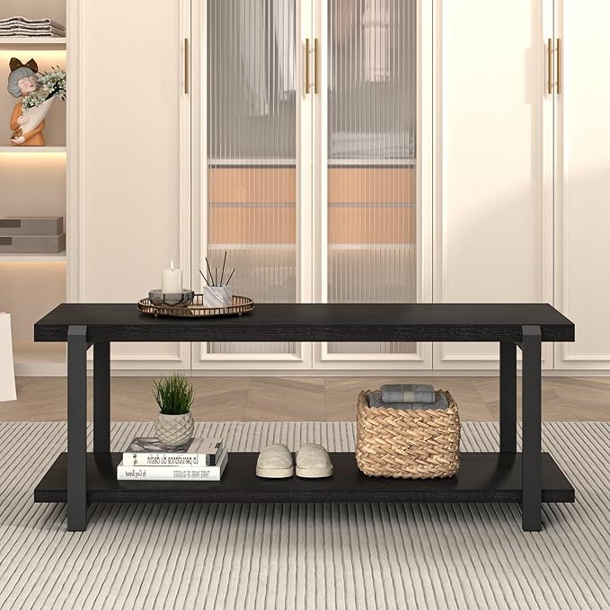 EXCEFUR Entryway Bench, Modern Wood and Metal Storage Bench for Hallway, Industrial Indoor Shoe Rack Bench Seat for Living Room Bedroom, Black Oak 47 Inch Long