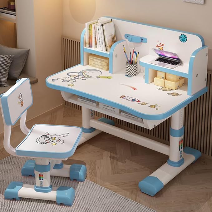 Kids Functional Desk and Chair Set, Height Adjustable Children School Study Table Chair Set with Cartoon Pattern, Ergonomic Desk Chair with Large Writing Board, Bookshelf and Book Bucket