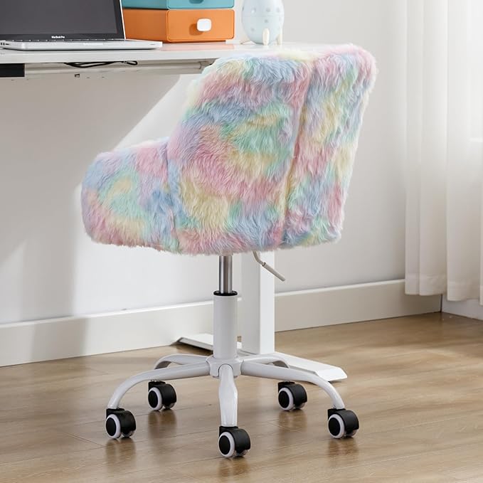 DUOMAY Kids Desk Chair, Faux Fur Colorful Upholstered Computer Chair for Boys and Girls, Cute Study Swivel Height Adjustable Arm Chair for Child, Rainbow Color