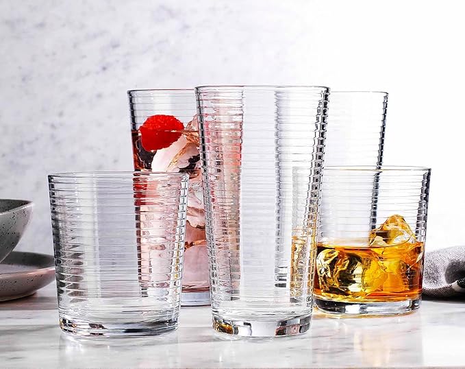 Glaver's Drinking Glasses Set of 12. Everyday Mixed Drinkware Set. 6, 17 oz Tall Kitchen Glass Cups, 6,13 Oz Rocks Whiskey Glasses. Heavy Duty Ribbed Glassware Set for Cocktail Beer, Juice, Water.