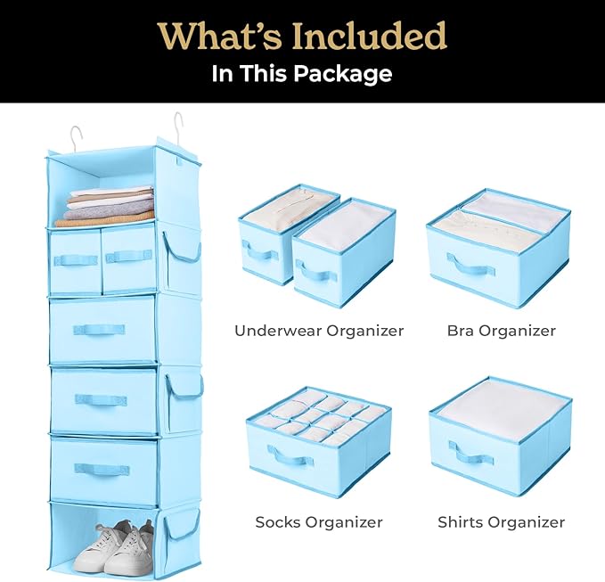 SMIRLY 6 Shelf Hanging Closet Organizer Hanging Shelves, Closet Hanging Organizer with 2 Sturdy Hooks for Wardrobe, Nursery, Storage (Blue, Separate)