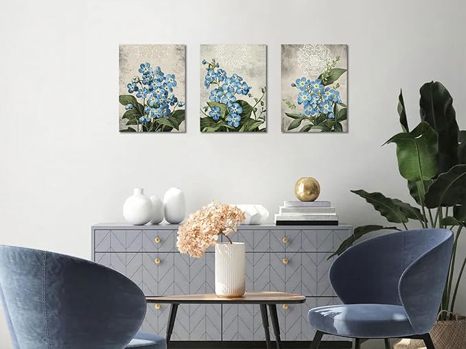 Arjun Blue Flower Wall Art Canvas Rustic Green Botanical Floral Bloosom Wildflower Vintage Grey for Bathroom Living Room Bedroom Dinning Room Kitchen Home Office Wall Decor, 12"x16"x3 Panels