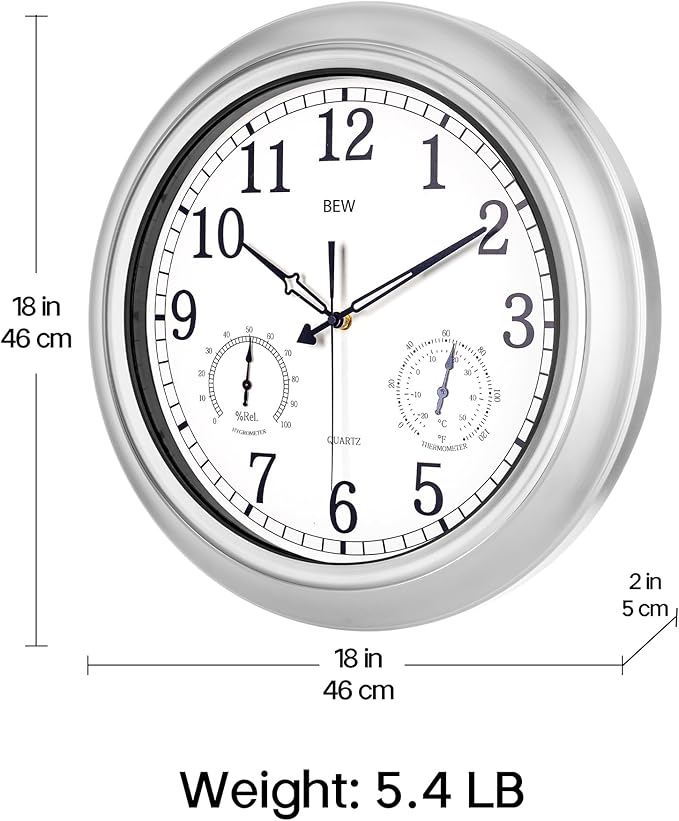 BEW Outdoor Clock for Patio, 18 Inch Large Outdoor Clocks Waterproof Weatherproof with Thermometer & Hygrometer Combo, Easy-to-Read Outside Wall Clock for Fence, Garden, Poolside, Backyard-Silver