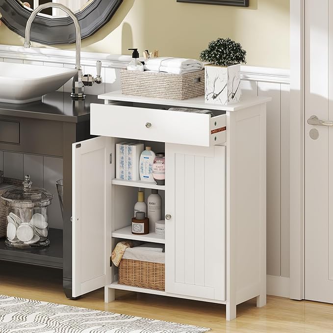 Tangkula Bathroom Storage Cabinet, Freestanding Floor Organizer w/ 2 Doors, 1 Drawer & 1 Adjustable Shelf, Modern Home Bathroom Furniture for Living Room Entryway Kitchen (Cabinet & Drawer, White)