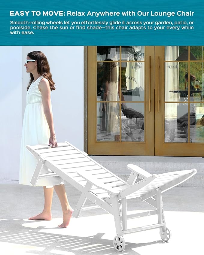 Outdoor Chaise Lounge Chair Set of 2, Patio Lounge Chairs for Outside, HDPE Lounge Chairs with Wheels & Cup Holder, Poly Lounge Chair with 5 Position for Poolside, Deck, White