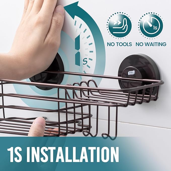 TAILI Shower Caddy Suction Cup with Hooks & Soap holder, Heavy Duty Bathroom Shower Organizer, No Drilling Shelves for Inside bathroom, Metal Black Storage Basket-Brown