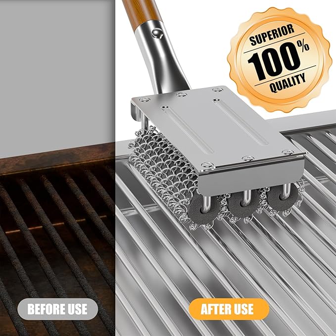 HOUSE AGAIN Grill Brush Bristle Free, 304 Stainless Steel Food-Grade Brush Head with Scraper, Safe BBQ and Grill Grate Cleaner Non Wire, Outdoor Grill Cleaning Brush w/Wooden Handle Gift for Men/Dad