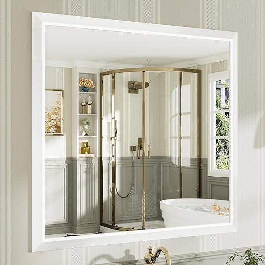 40x38 Inch White Bathroom Mirror for Wall, Thick Metal Framed Rectangle Mirrors for Over Sink, Bedroom, Living Room, Entryway, Anti-Rust, HD Tempered Glass