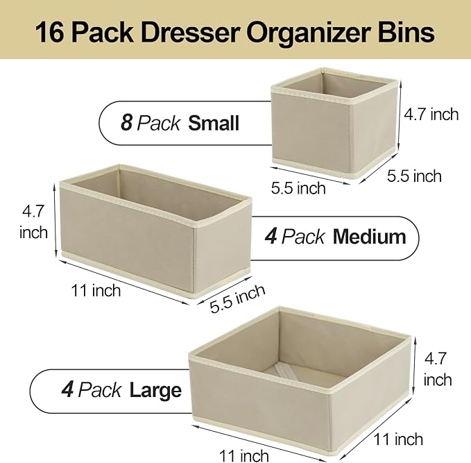 16 Pcs Drawer Organizer,Fabric Closet Organizer and Storage Baskets,Foldable Drawer Divider for Clothing,Sock,Ties,Underwear Storage,Cabinet Storage Boxes (Beige)