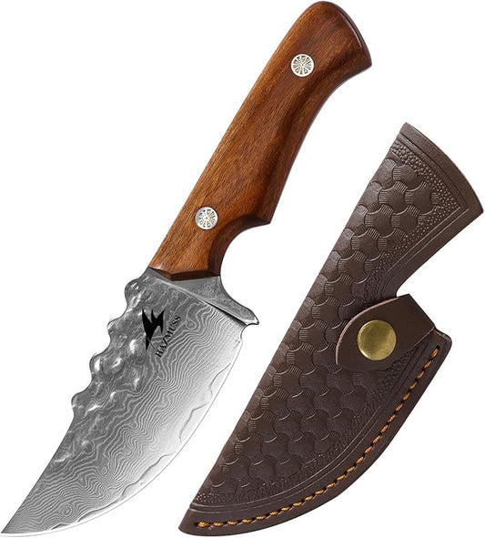 Damascus Utility Knife with Sheath - Kitchen Knife - 3.8" Damascus Steel Blade with Ergonomic Wooden Handle, Full Tang for Outdoors & Kitchen