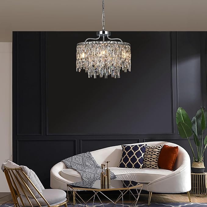 Chrome Crystal Chandelier, Modern Luxury Round Dining Room Chandeliers Over Table，6 Lights Chrome Ceiling Pendant Lighting for Dining Room Bedroom Entryway Foyer Staircase