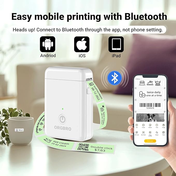 ORGBRO Label Maker Machine with Tape, X1 Portable Bluetooth Mini Label Printer, Support Pre-Cut & Continuous Label, Wireless Small Label Makers with Versatile App for School Home Office Organization