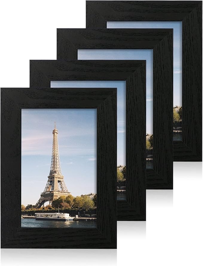 4x6 Picture Frame Set of 4, Black Frame with High Definition Glass, 4 x 6 Photo Frames for Tabletop Display and Wall Mounting