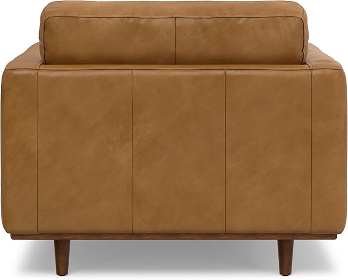 SIMPLIHOME Morrison Accent Chair - 43 inch Wide Upholstered Top Grain Genuine Leather Mid-Century Modern Arm Chair with Solid Wood Frame in Sienna, for Living Room or Bedroom with 2 Bolster Pillows