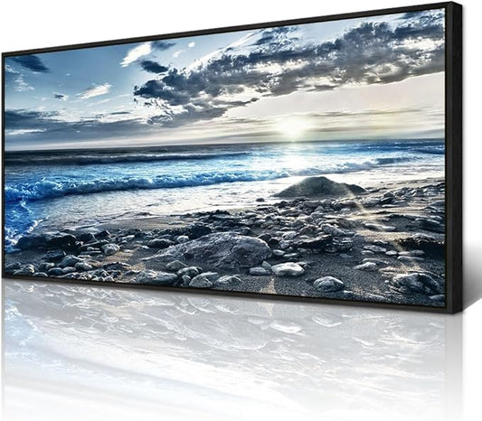 Wapluam Large Canvas Prints Wall Art For Living Room Wall Decorations For Bedroom Office Wall Decor Scenery Wall Painting Blue Sea Pictures Artwork For Fashion Black Framed Beach Posters Home Decor