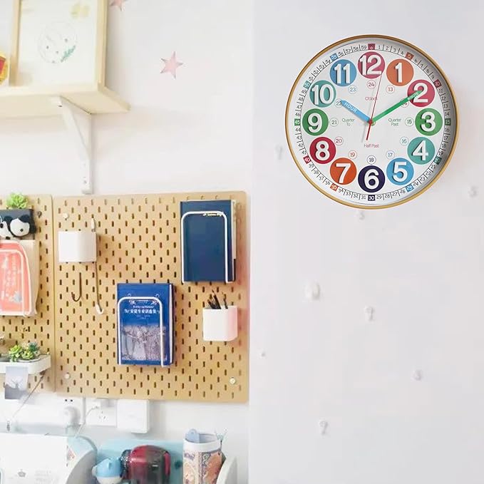 Learning Time Clock for Kids,12 Inch 3D Numbers Colorful Clock Face Silent Clocks，Bedroom,Kitchen,Classroom,Décor at School, Clear Digital Wall Clock for Kids Room (3D Wood Color Classic)