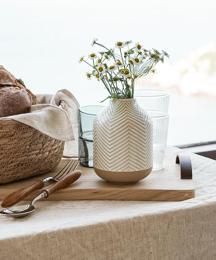 Small Boho Vase for Decor,Rustic Farmhouse Vase for Pampas Grass,Eucalyptus Set and Tiny Stem Flowers,Ceramic for Centerpieces, 5.3 Inch,Wave-Arctic White