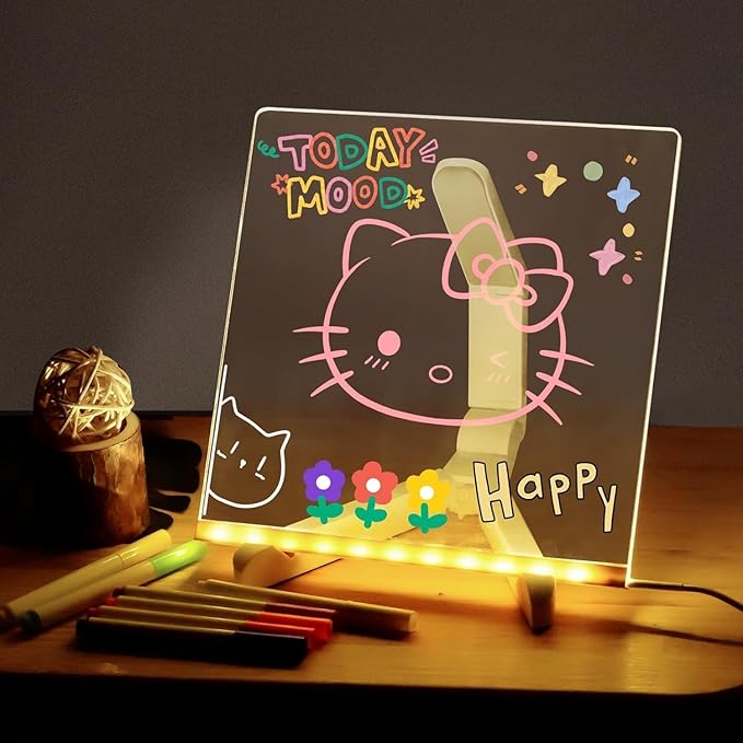 LED Note Board with Colors, Acrylic Dry Erase Board with Light and 7 Colorful Pens, Light up Dry Erase Board with Stand for Family/Office/School/bar/Cafe (7.9 X 7.9”)