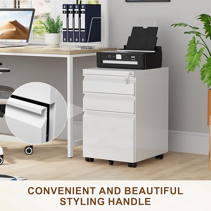 Metal Mobile File Cabinet with Lock and 4 Keys - Fully Assembled, Under Office Desk 3 Drawers Filing Cabinet for Home Office with Anti-tilt Wheels, A4/Legal/Letter Hanging File Drawers