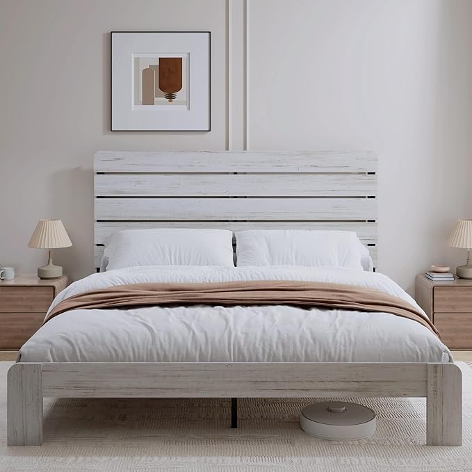 Rustic White Queen Size Wooden Bed Frame with Farmhouse Headboard, Solid Wood Platform Bed with Wood Slats, Noise-Free Structure, No Box Spring Needed