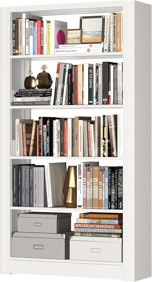 Book Shelf,5-Tier White Bookshelf, Office Bookcases and Bookshelves,Tall Metal Storage Organizer,Freestanding Bookshelf for Library,Living Room,Home Office (W:31.5")