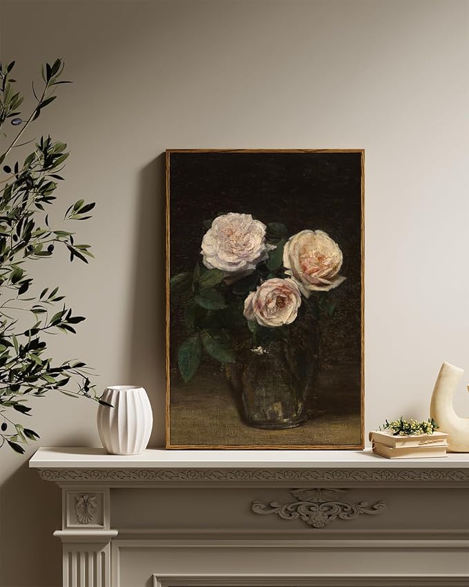 InSimSea Framed Wall Art for Living Room Large Canvas Wall ArtRoses in Glass Vase Vintage Flower Prints Classical Oil Painting Colorful Multicolor Farmhouse Wall Decor for Bedroom Office16x24in