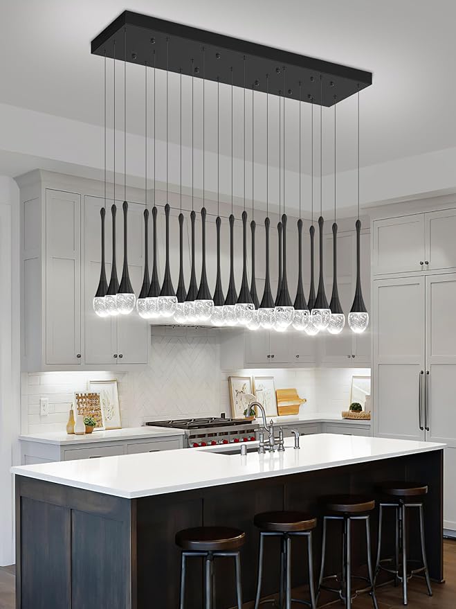 24-Lights Rectangular Chandelier Crystal Raindrop Chandeliers Flush Mount Ceiling Light for Dining Room Living Room High Ceiling Chandelier for Staircase Foyer Entryway Black Chandeliers
