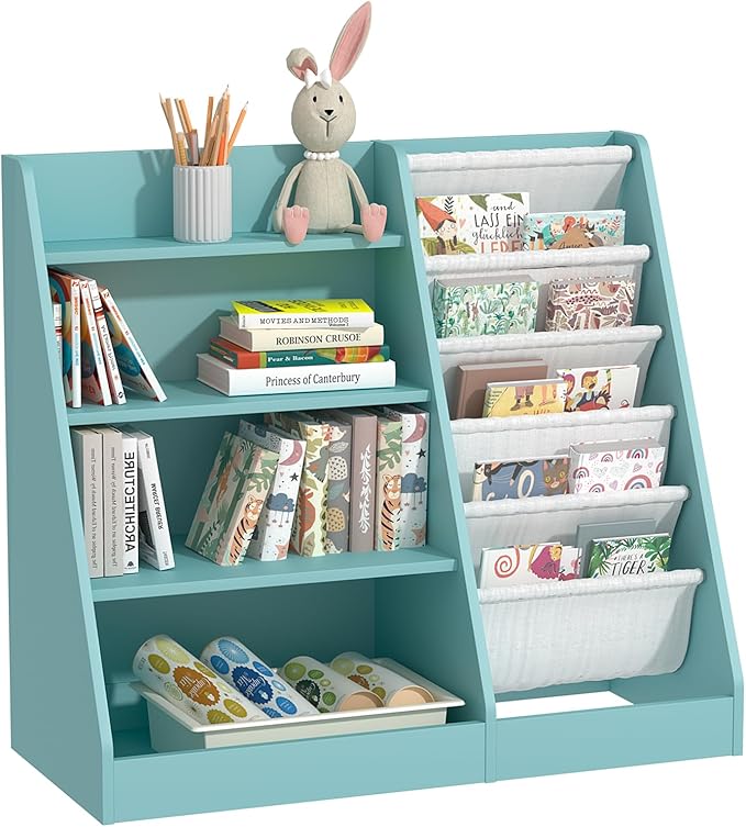 4 Tier Kids Bookshelf Wooden, Five Layer Sling Children Bookcase, Baby Toddler Storage Book Rack, Book and Toy Organizer Cabinet Chest, Book Display Shelf Stand, Playroom Nursery Classroom Library