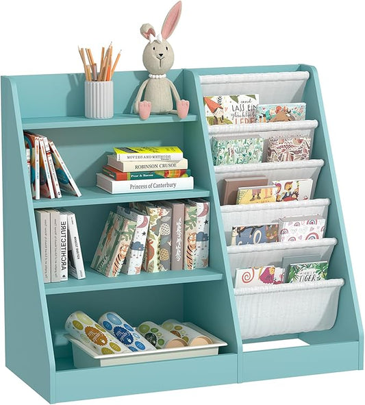 4 Tier Kids Bookshelf Wooden, Five Layer Sling Children Bookcase, Baby Toddler Storage Book Rack, Book and Toy Organizer Cabinet Chest, Book Display Shelf Stand, Playroom Nursery Classroom Library