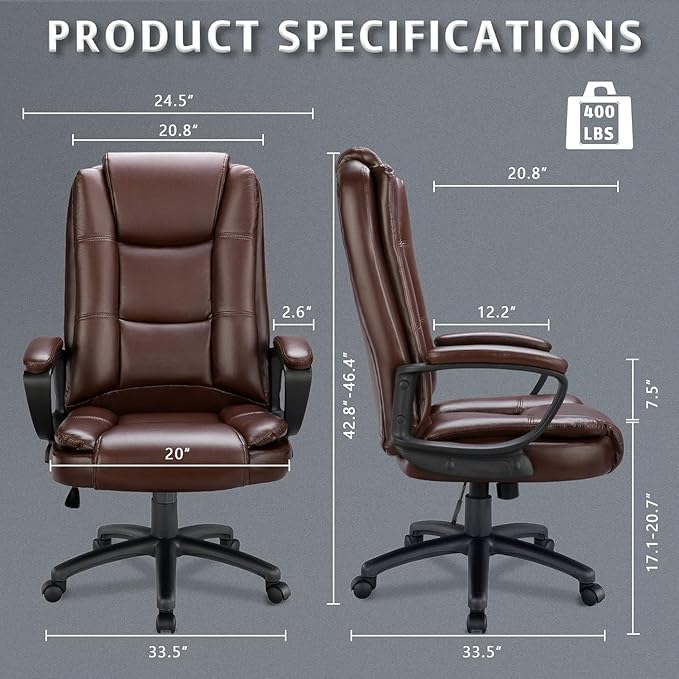 LEMBERI Office Desk Chair, Big and Tall High Back Managerial Executive Computer Chair, Ergonomic Height Adjustable PU Leather Chairs with Cushions Armrest for Long Time Sitting (Brown)