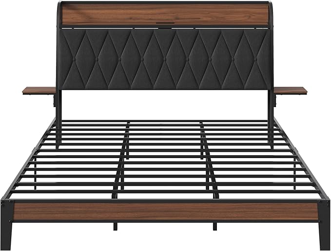 WLIVE King Size Upholstered Bed Frame with 2 Side Shelves, Linen Tufted Storage Headboard with Charging Ports and LED Light, Metal Solid and Stable, No Box Spring Needed, Easy Assembly, Brown