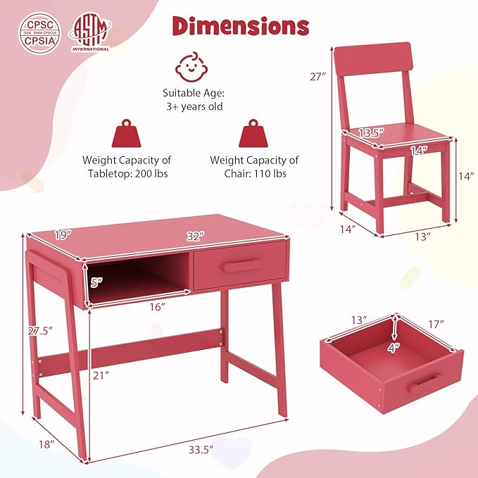 HONEY JOY Kids Desk and Chair Set, Wooden Children School Study Table and Chair w/Storage Drawer & Hutch, Student Writing Desk Computer Workstation for Bedroom, Gift for 3+ Years Old (Pink)