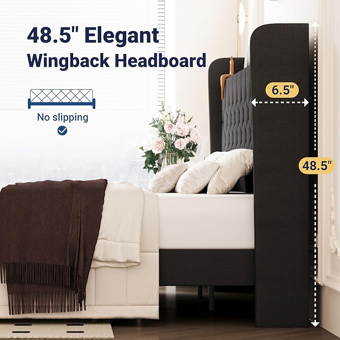 Allewie King Size Bed Frame, Storage Headboard with Charging Station,Wingback Linen Upholstered, Diamond Stitched Button Tufted, Sturdy Wooden Slats, No Box Spring Needed, Easy Assembly, Dark Gray