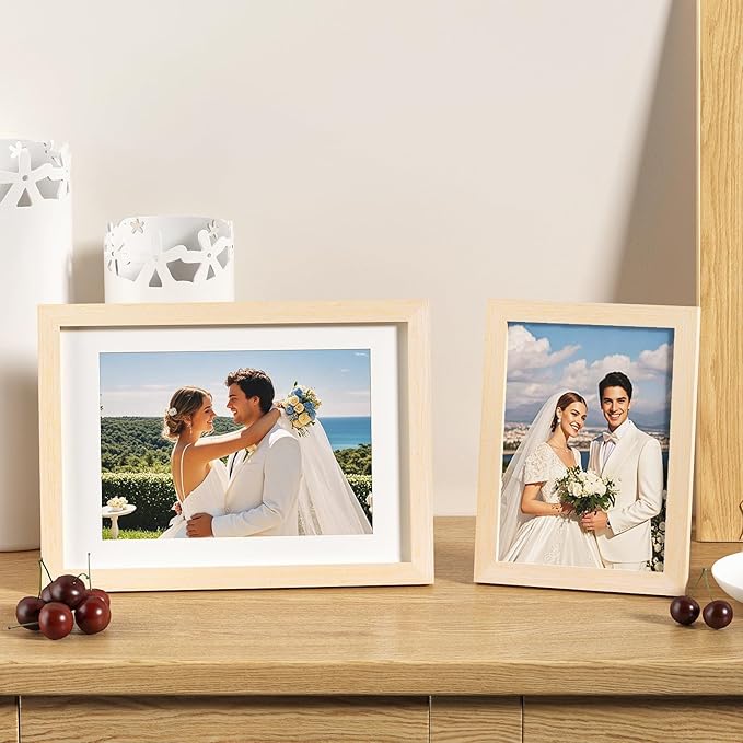 KINLINK A5 Picture Frame, White Oak Solid Wood Frames with Acrylic Plexiglass for Pictures 4x6 with Mat or A5 without Mat, Tabletop and Wall Mounting Display 4 Pack