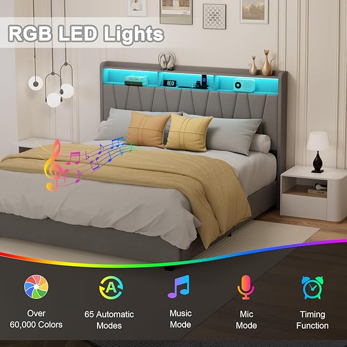 King Size Bed Frame, Velvet Upholstered LED Platform Bed with Headboard Storage, Bed Frame King Built-in Charging Station with 4 Drawers, Wood Slat Support, No Box Spring Needed, Grey