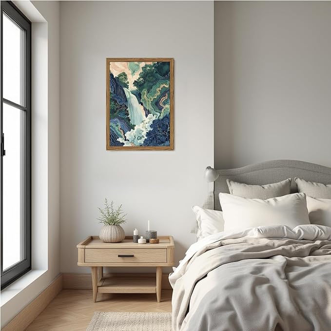 Framed Japanese Waterfall Canvas Wall Art, Abstract Landscape Wall Decor Paintings, Blue Green Nature Mountain Pictures Prints Zen Aesthetics Home Decor for Living Room Bedroom Bathroom 16x24 inch