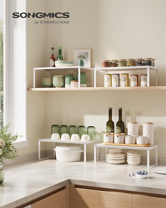 SONGMICS Spice Racks, Set of 2 Metal Cabinet Shelf Organizers, Countertop Organizers, Shelf Risers, Stackable, Expandable, White UKCS401W01