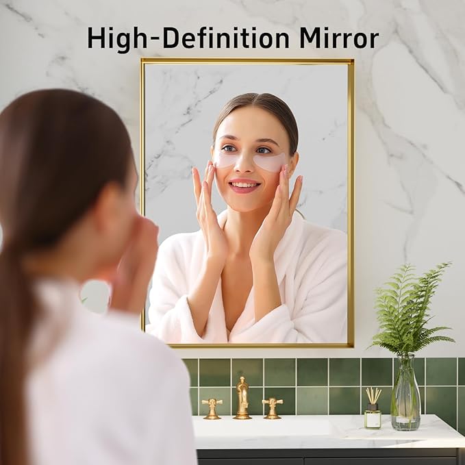 16x24 inch Gold Bathroom Mirrors for Over Sink, Metal Framed Wall Rectangle Mirror, Small Modern Bathroom Vanity Mirror, HD Tempered Glass Wall Mirror(Horizontal/Vertical)