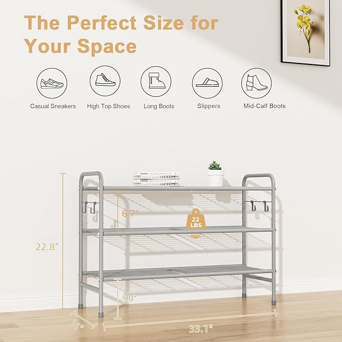 3 Tier Shoe Rack 33" Wide Metal Shoe Organizer Long Shoe Storage with 4 Side Hooks Sturdy Shoes Shelf for Front Door Entrance, Closet, Garage, Dorm, Grey